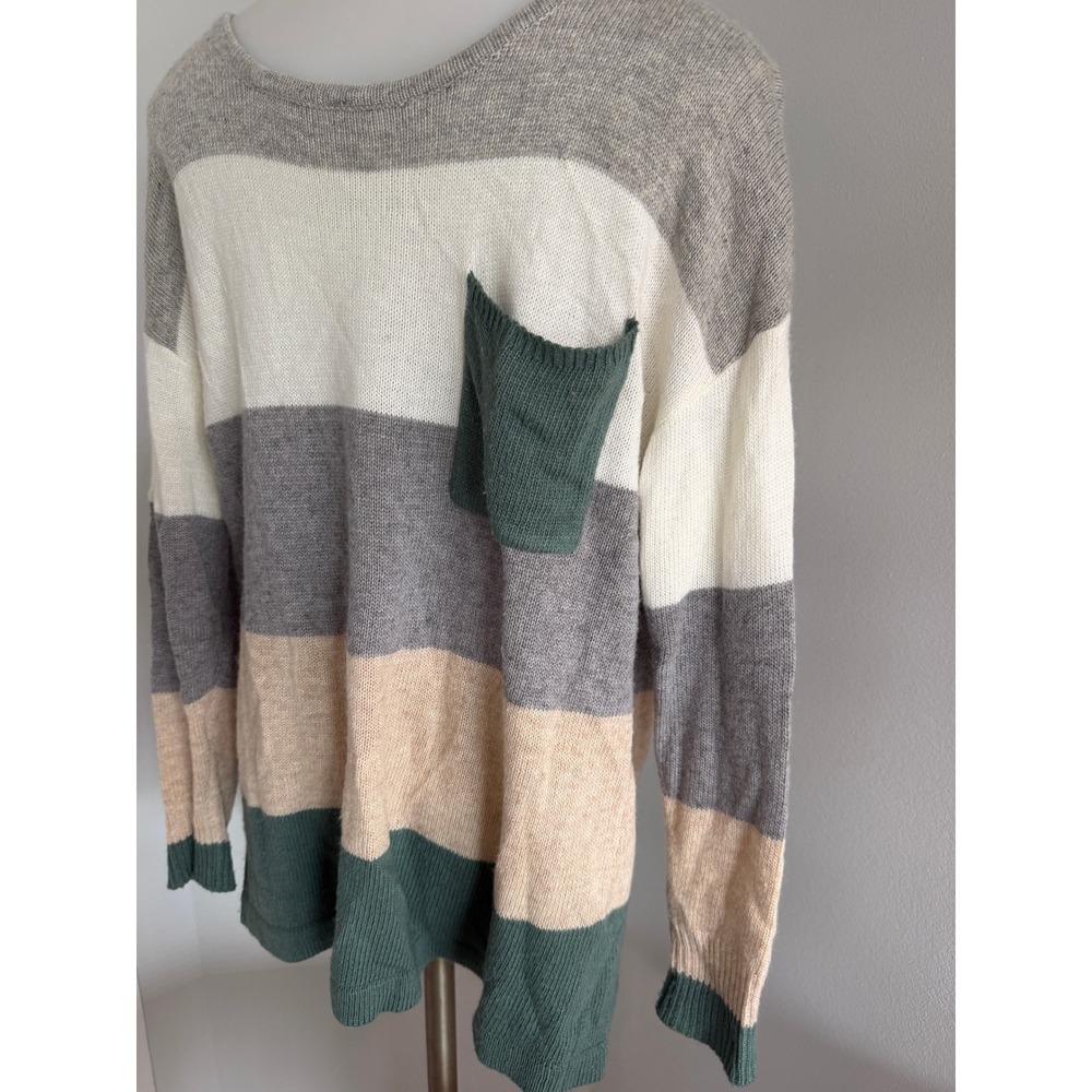 Vanilla Bay Womens Striped Long Sleeve Pocket Sweater Grey Green Tan Size Small - Picture 2 of 11